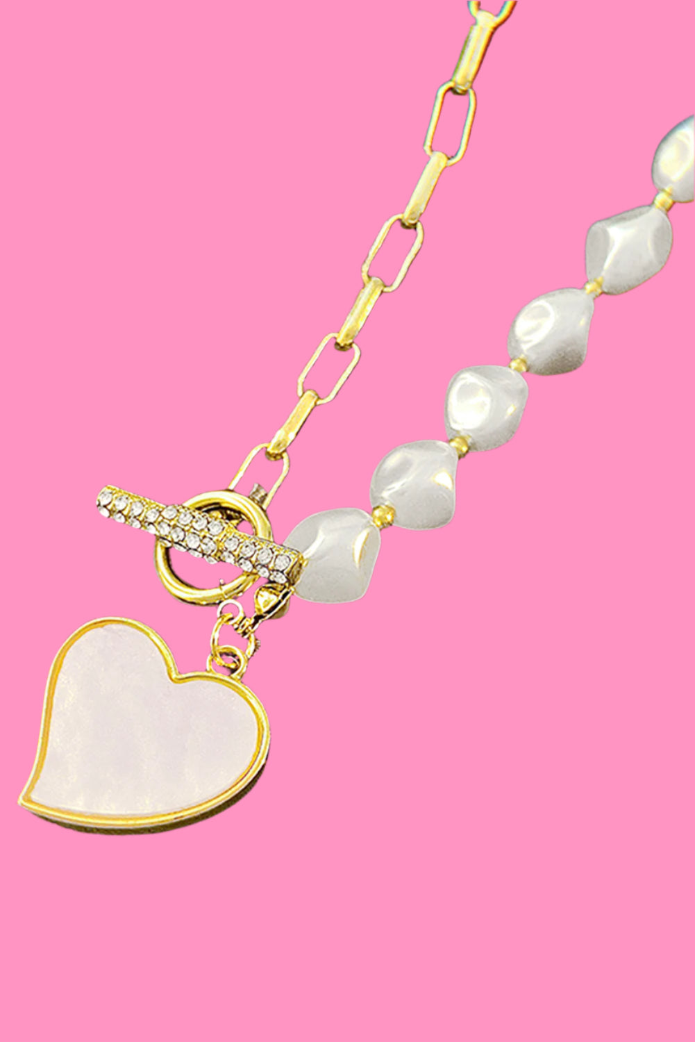 Gold Heart Shape Pendant Rhinestone Pearl Chain Necklace