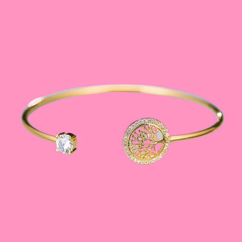 Adjustable Tree of Life Bracelet, Stainless Steel CZ  Bangle