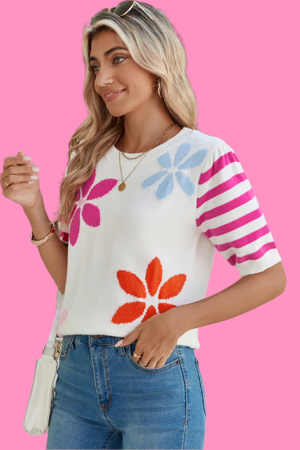 White Colorful Floral Print Striped Sleeve Knitted Tee