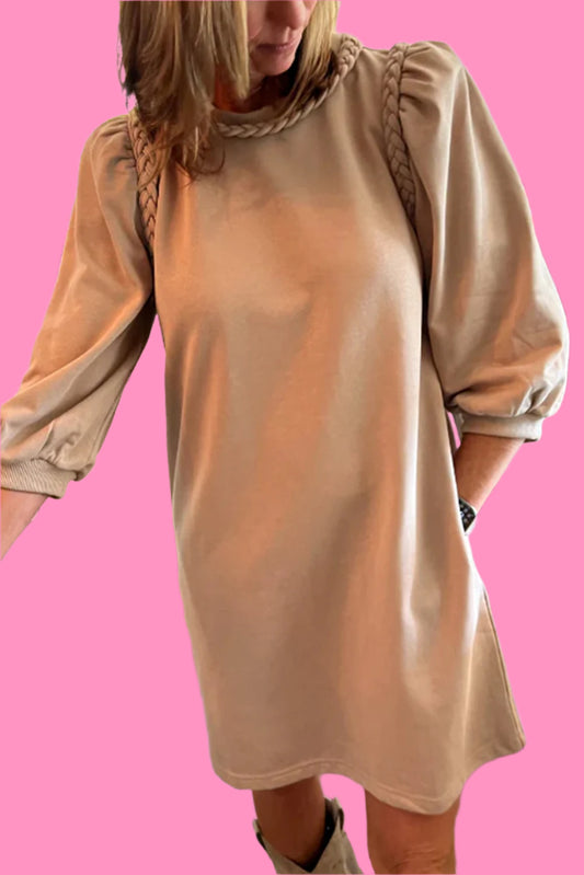 Beige Twist Braided Puff Sleeve Dress
