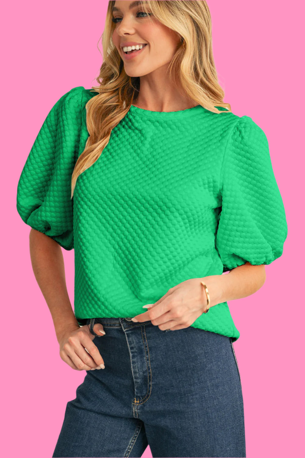 Sea Green Solid Textured O Neck Puff Sleeve Blouse