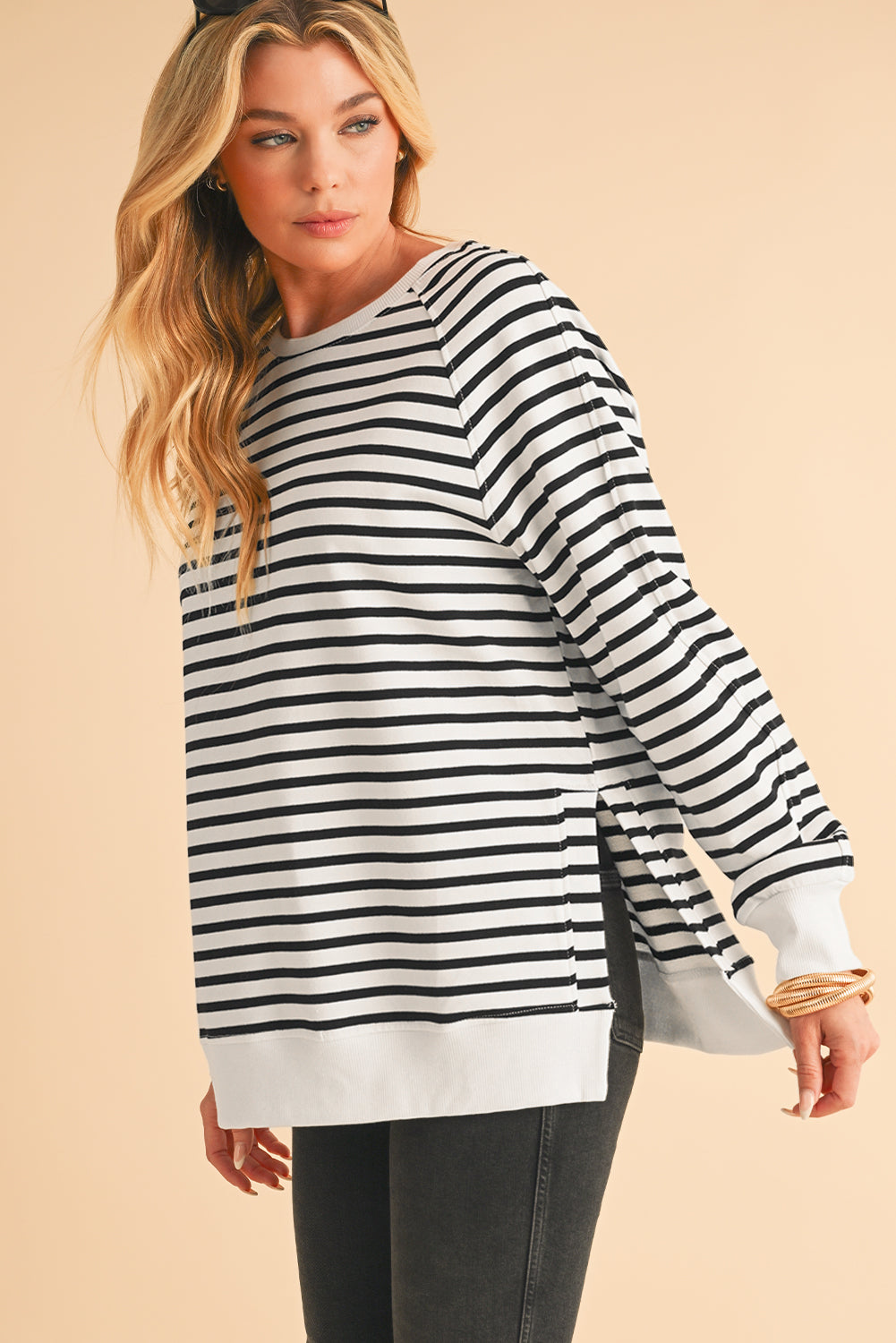 Black Stripe Loose Split Sweatshirt