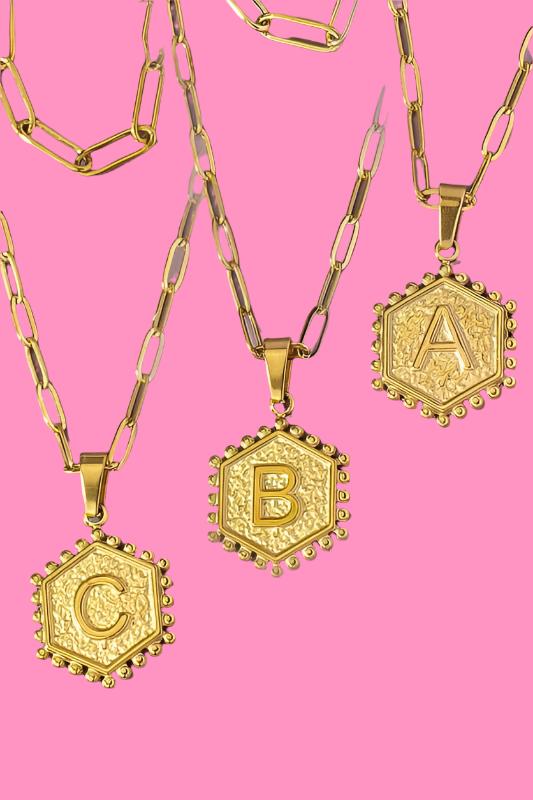 brass hexagon initial necklace