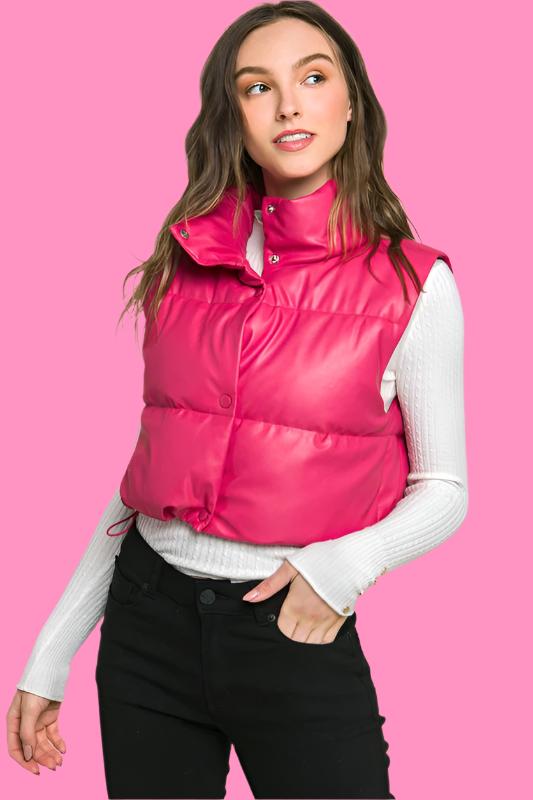 PU Faux Leather puffer West With Snap Button