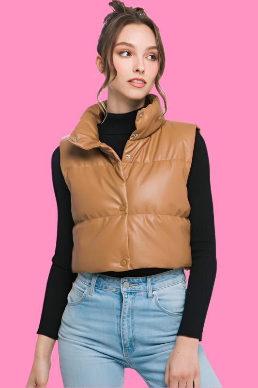 PU Faux Leather puffer West With Snap Button