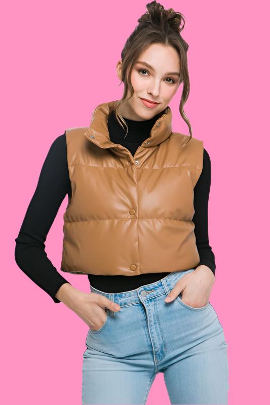 PU Faux Leather puffer West With Snap Button