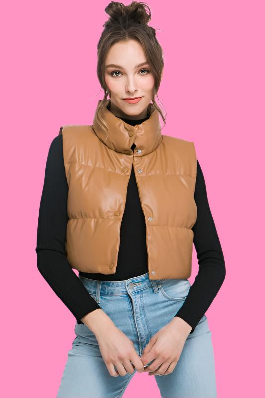 PU Faux Leather puffer West With Snap Button