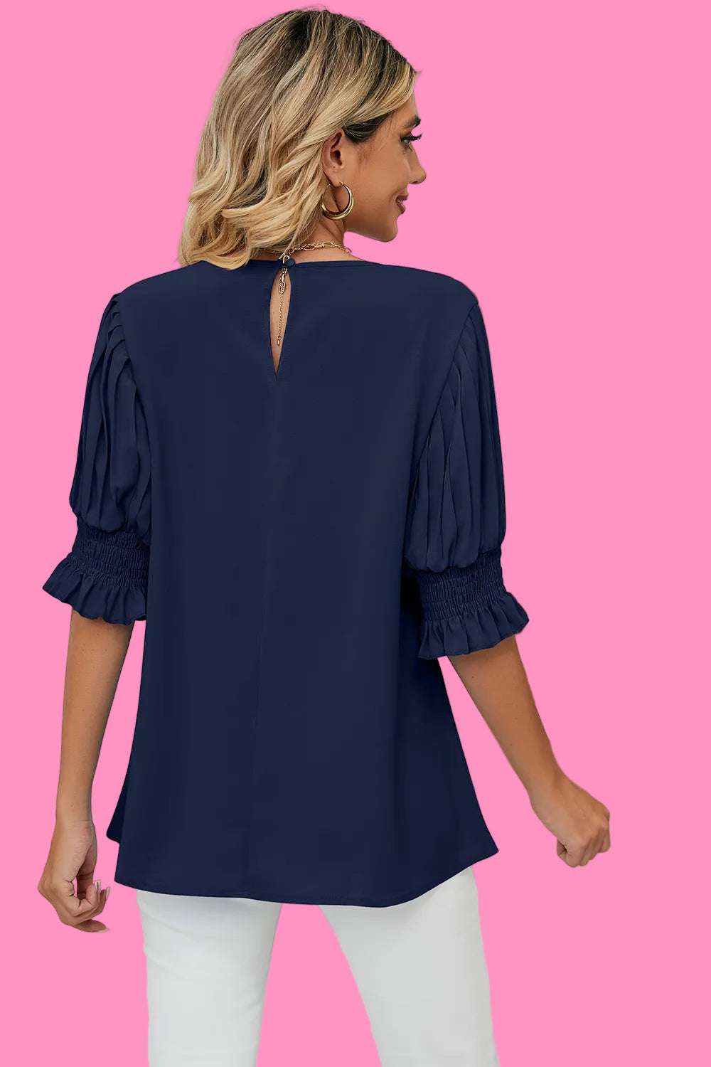 Solid color round neck ruffle princess sleeves loose chiffon top for women