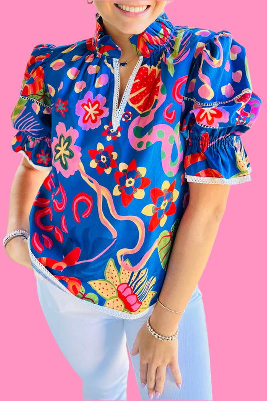 Blue Frill V-neck Abstract Print Blouse