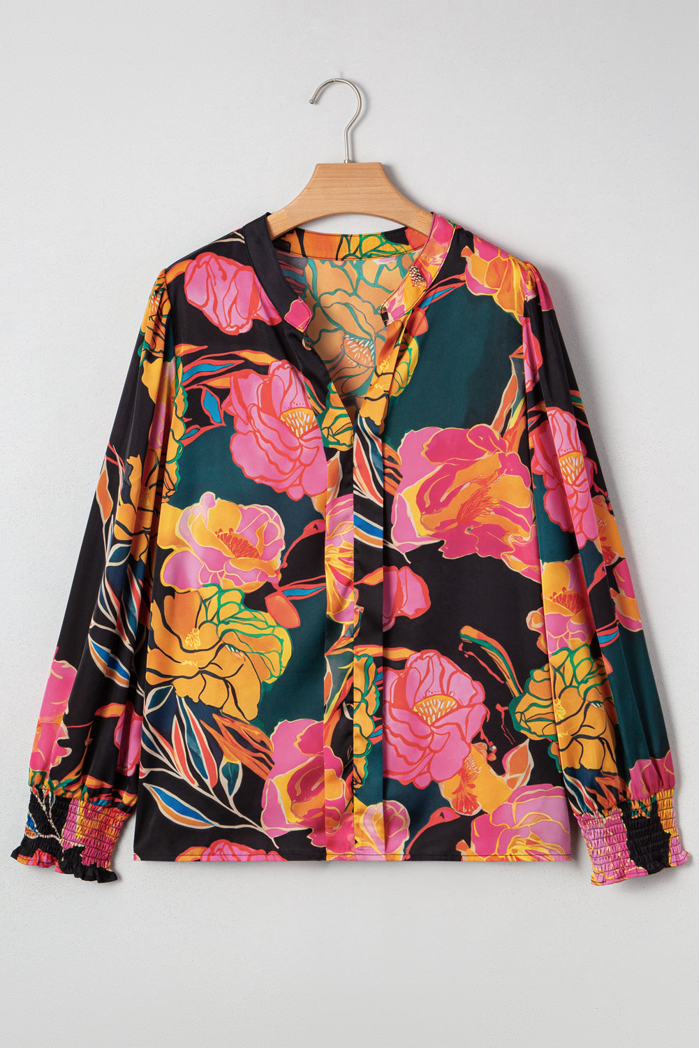Black Floral Puff Sleeve V Neck Blouse