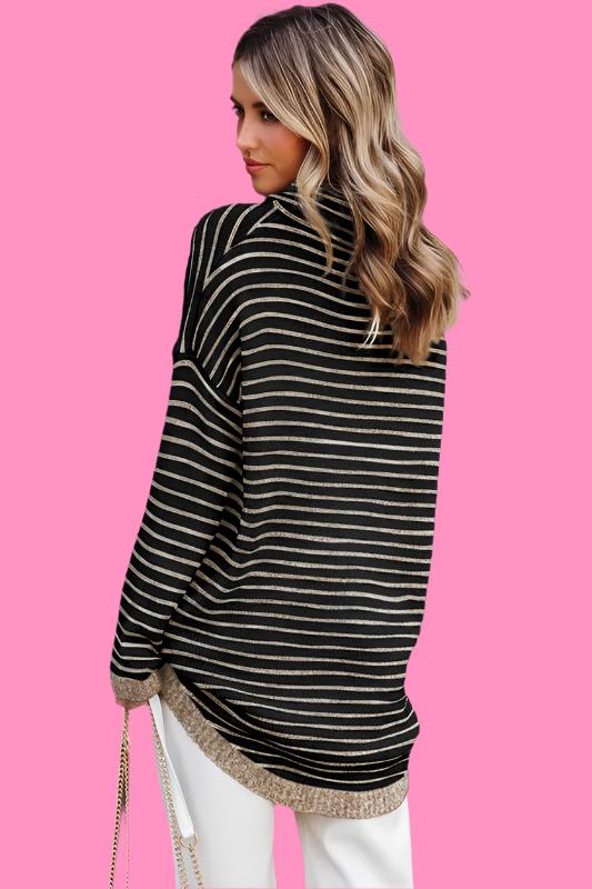 Turtle neck stripe knit sweater poncho top