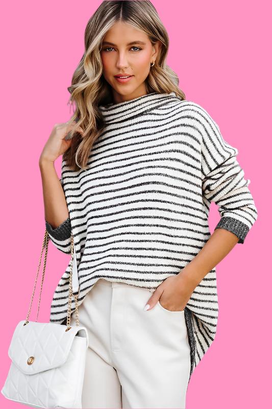 Turtle neck stripe knit sweater poncho top