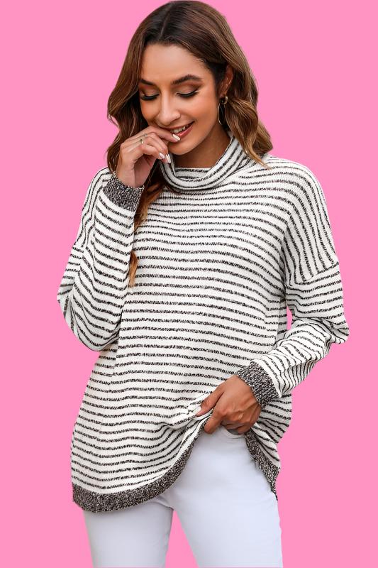 Turtle neck stripe knit sweater poncho top