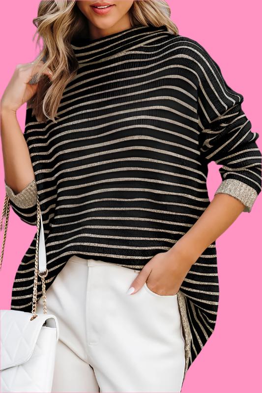 Turtle neck stripe knit sweater poncho top