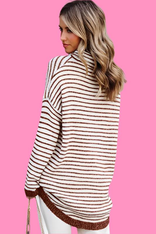 Turtle neck stripe knit sweater poncho top