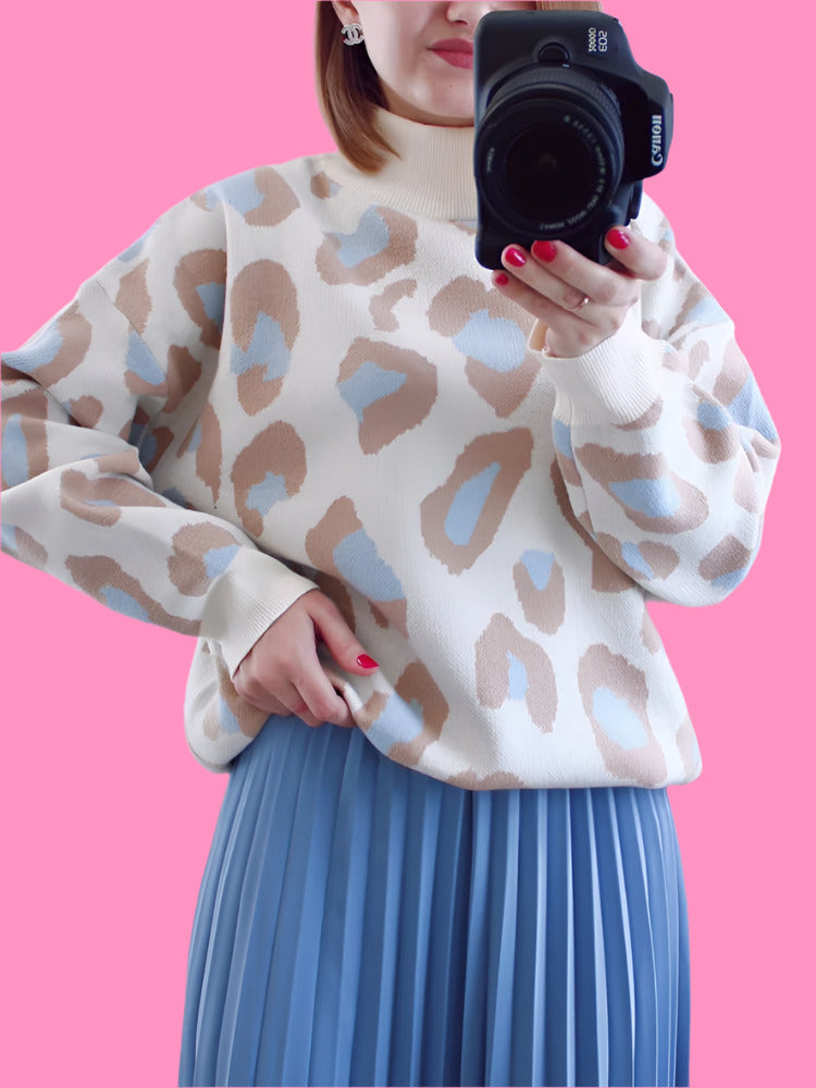 Lese's Leopard Print Animal Basic Thick Turtleneck Oversize Sweater