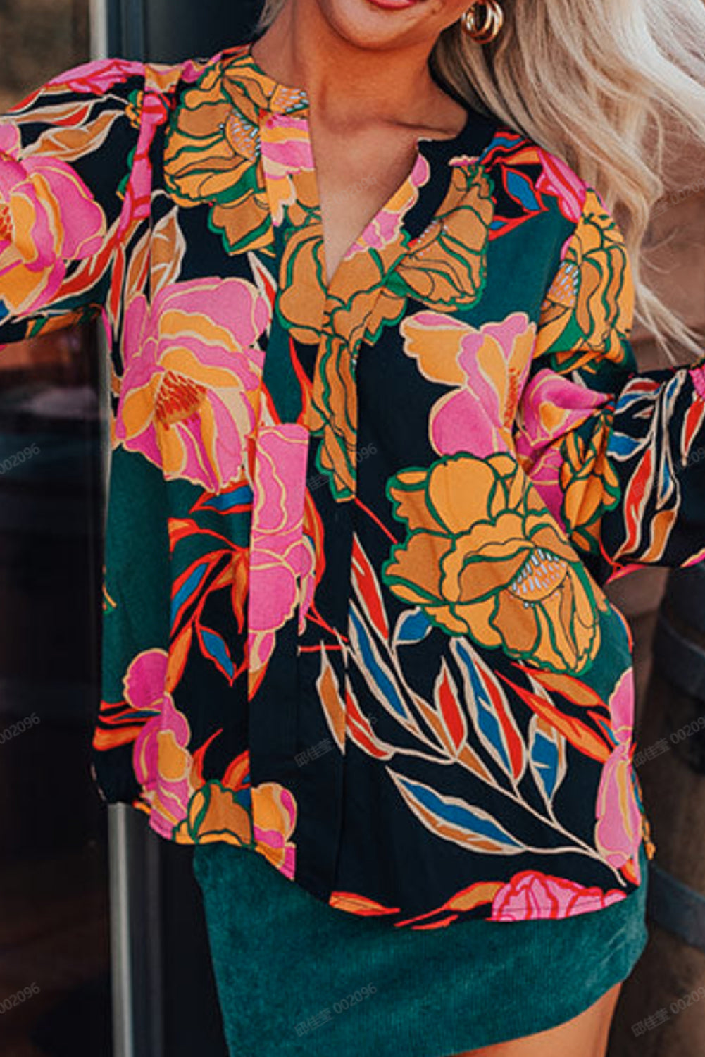 Black Floral Puff Sleeve V Neck Blouse