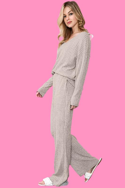 Slouchy Beige ribbed knit loungewear set