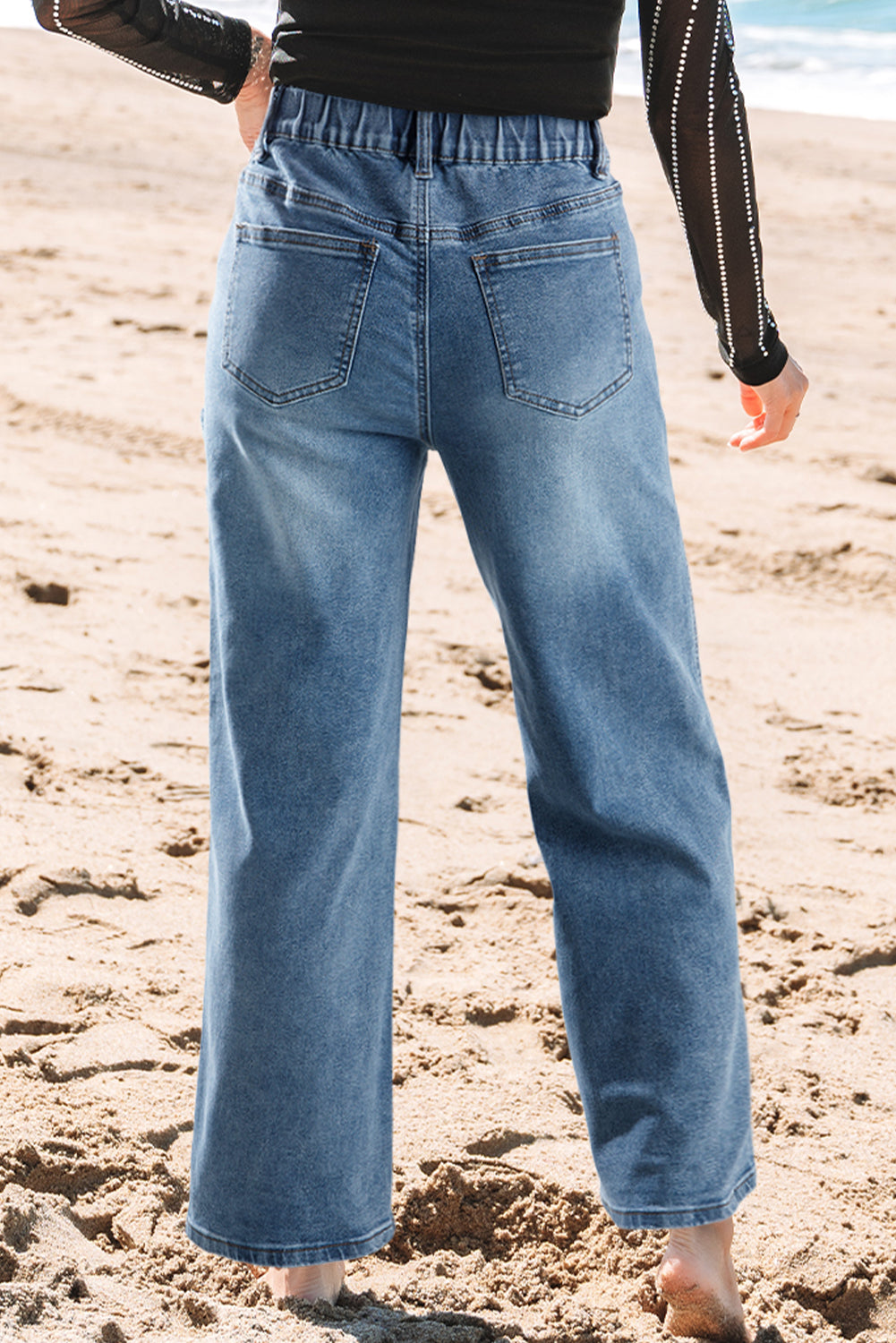 Stone Blue Star Patchwork Light Wash Wide Leg High Waist Jeans
