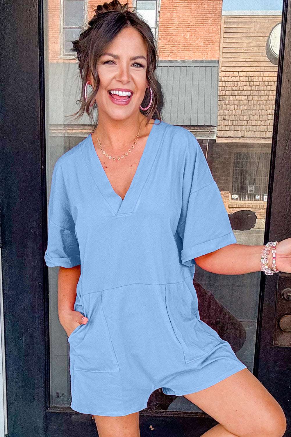Loose Half Sleeve V Neck Romper