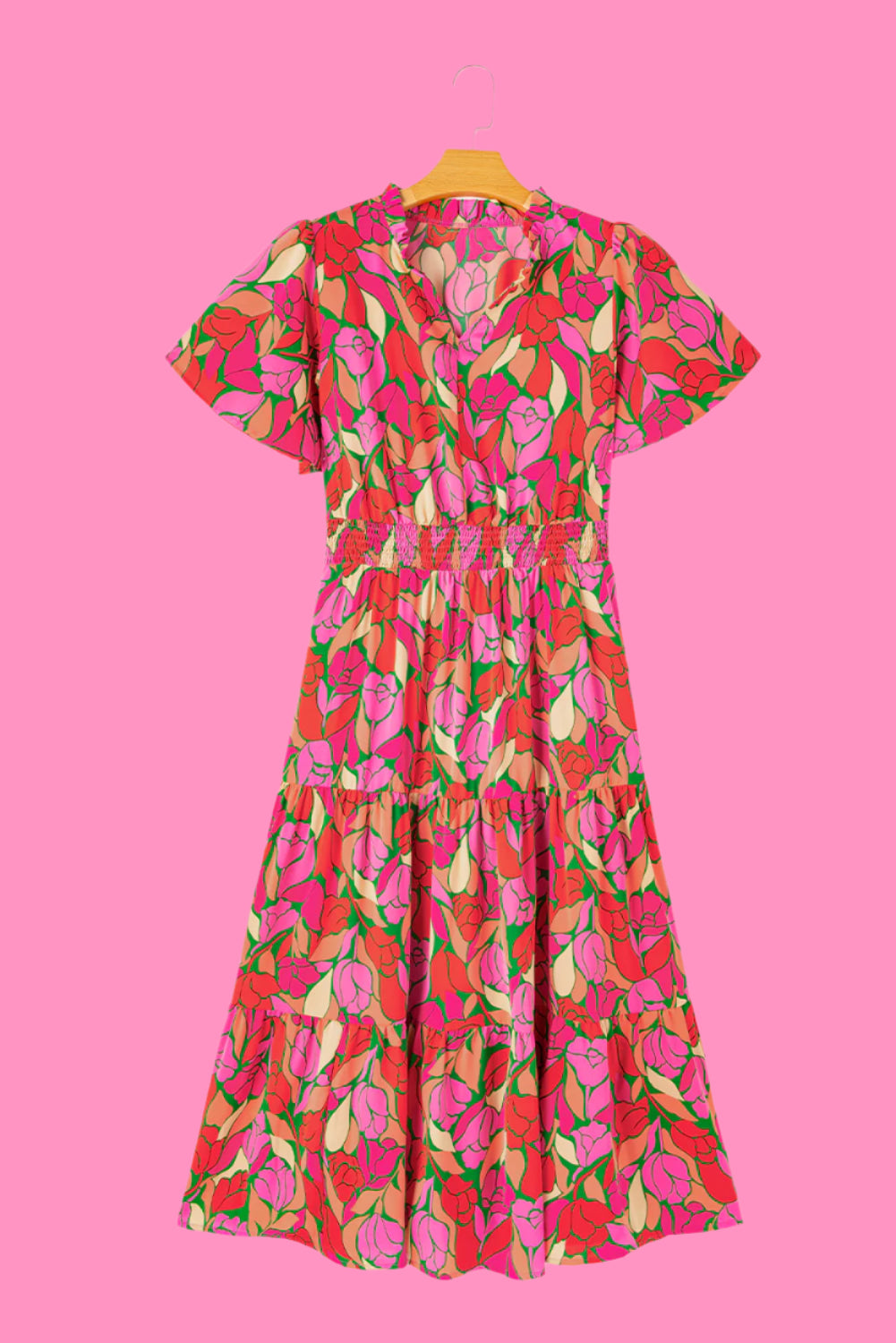 Rose Floral Flounce Sleeve Smocked Waist Tiered Maxi Dress