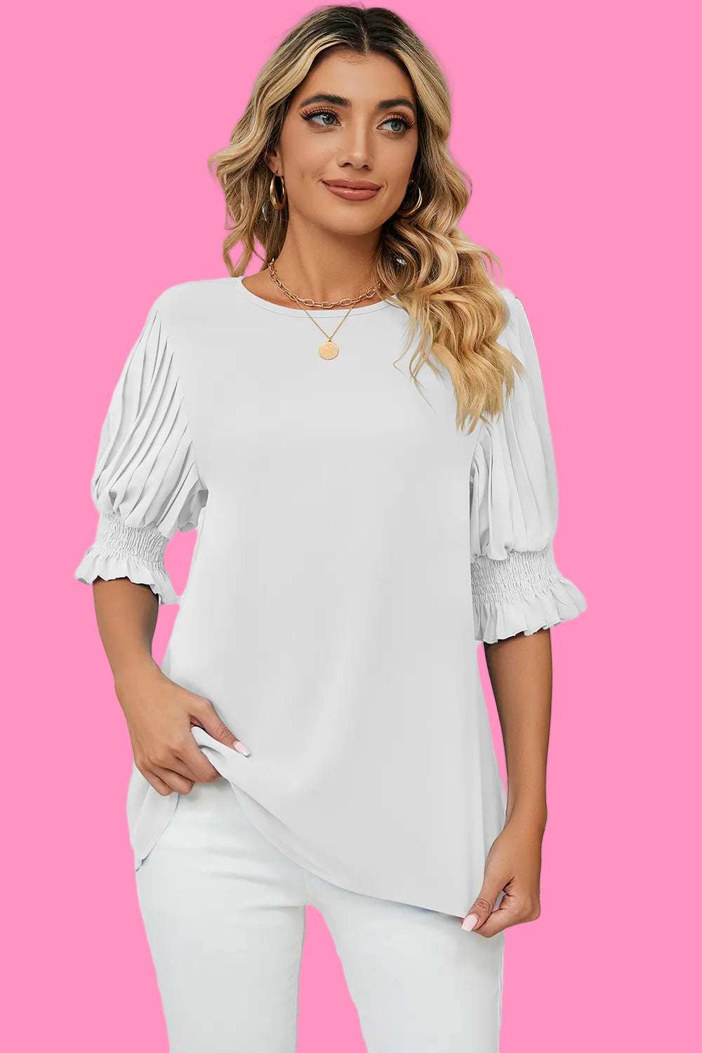 Solid color round neck ruffle princess sleeves loose chiffon top for women
