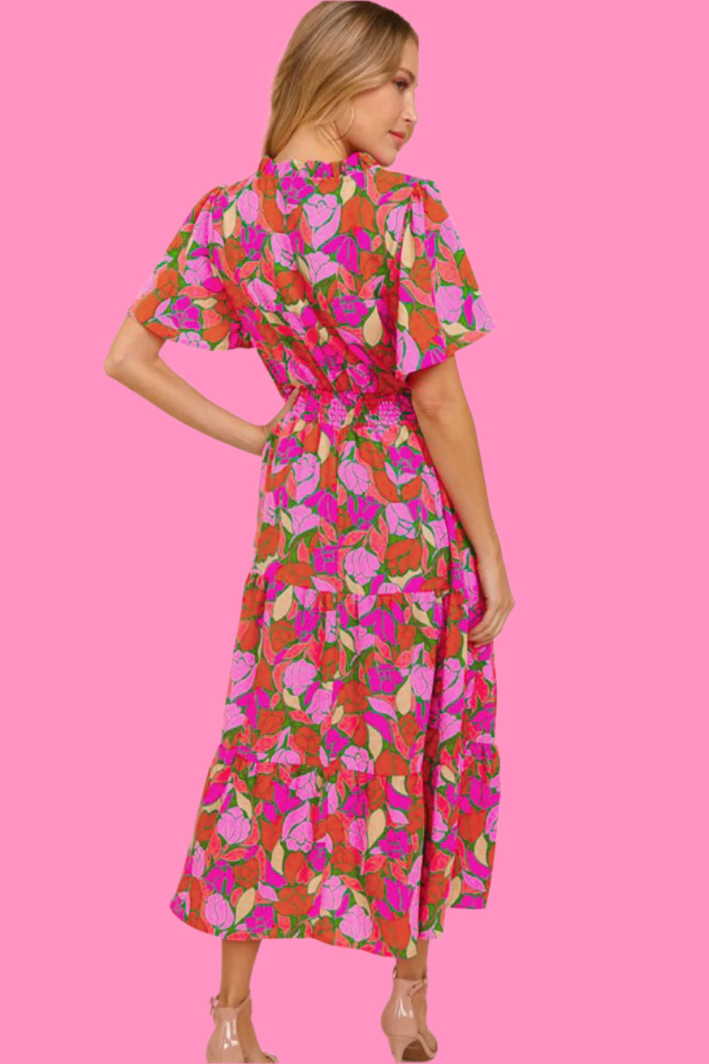 Rose Floral Flounce Sleeve Smocked Waist Tiered Maxi Dress