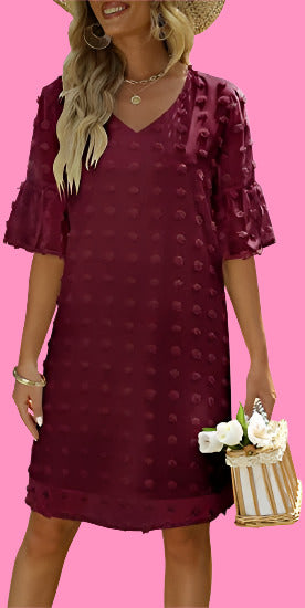 Lese's V-Neck Chiffon Swiss Dot Short Sleeve Dress