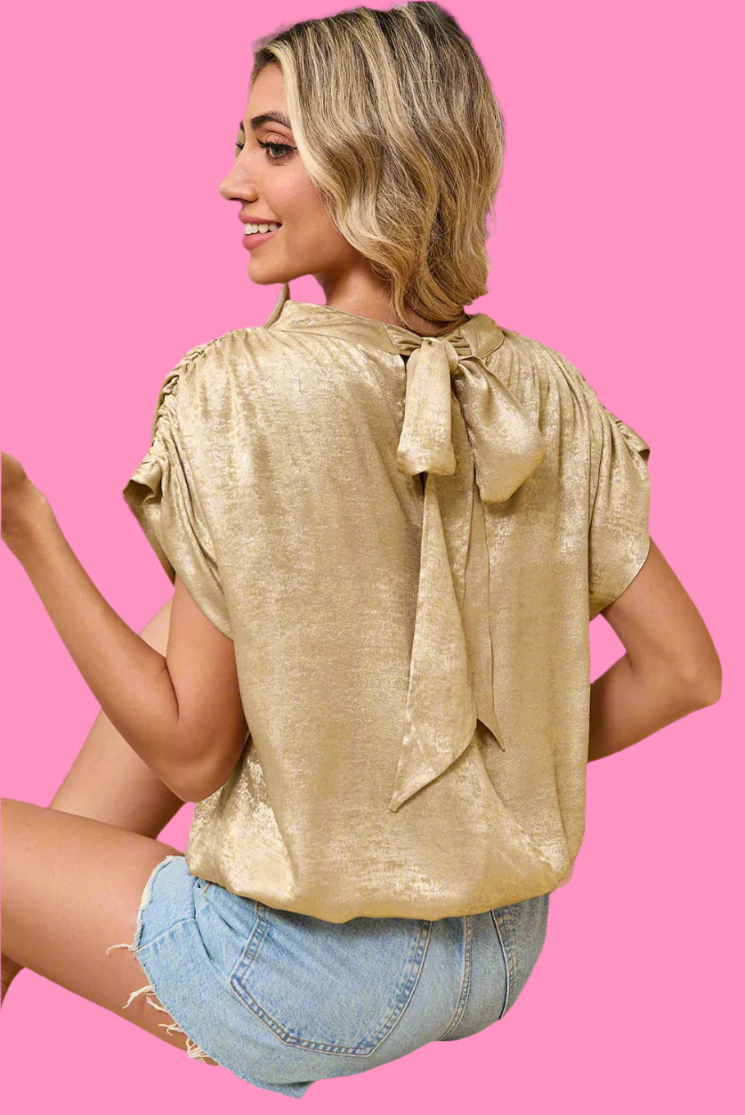 Gold Knot Back Casual Ruched Sleeve Blouse