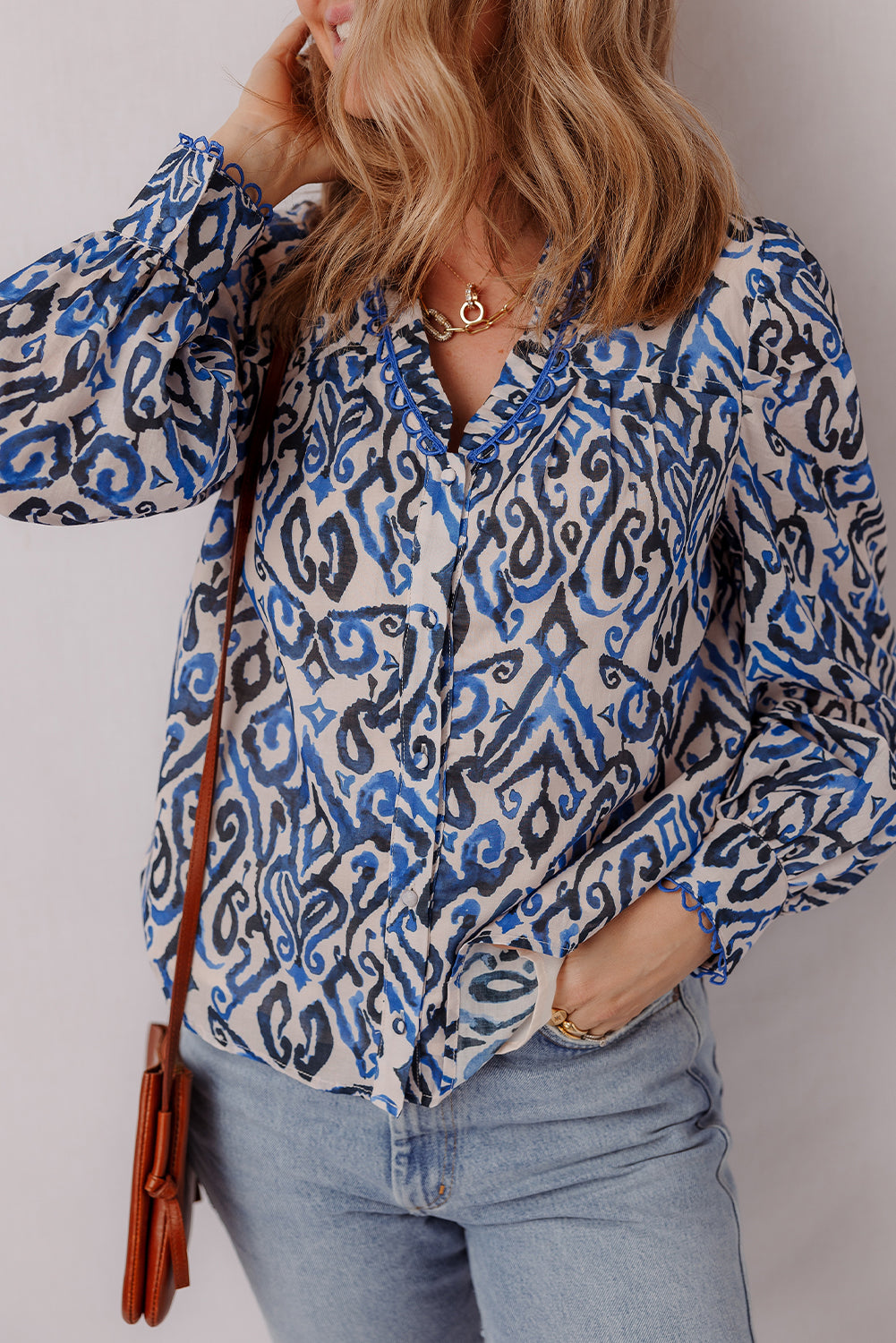 Blue Abstract Long Sleeve Blouse
