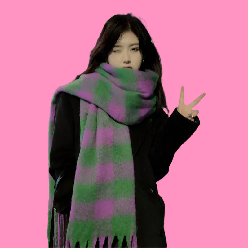 Women Plaid Scarf Winter Pashmina Shawls Cashmere Thick Wraps Lady Tassel Warm Scarves Rainbow