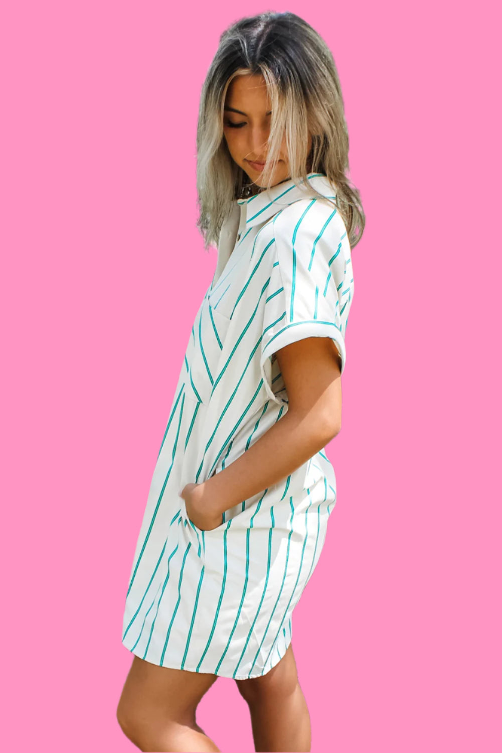 Mint Green Striped Pocket Short Sleeve Mini Dress