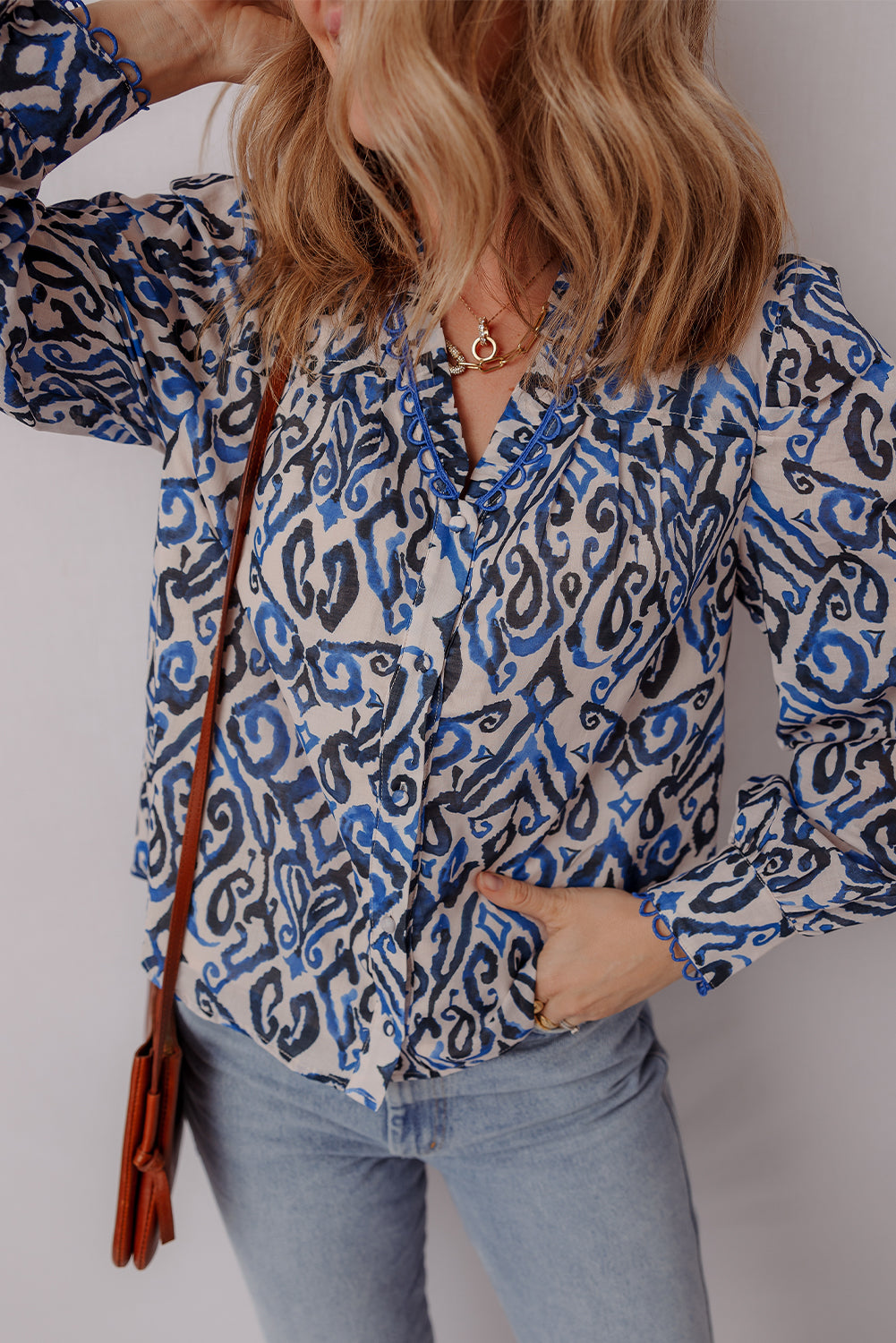 Blue Abstract Long Sleeve Blouse