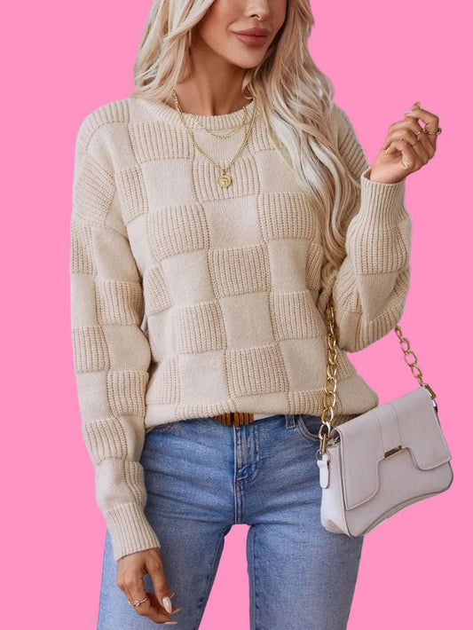 Blocks round neck knitted sweater top