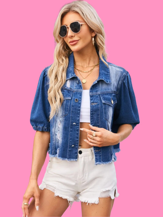 Distressed Raw Hem Button Up Denim Jacket