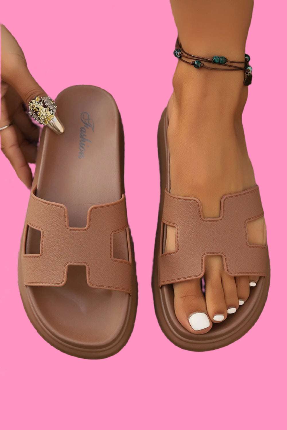 Chestnut Cutout Open Toe Platform Slides Shoes