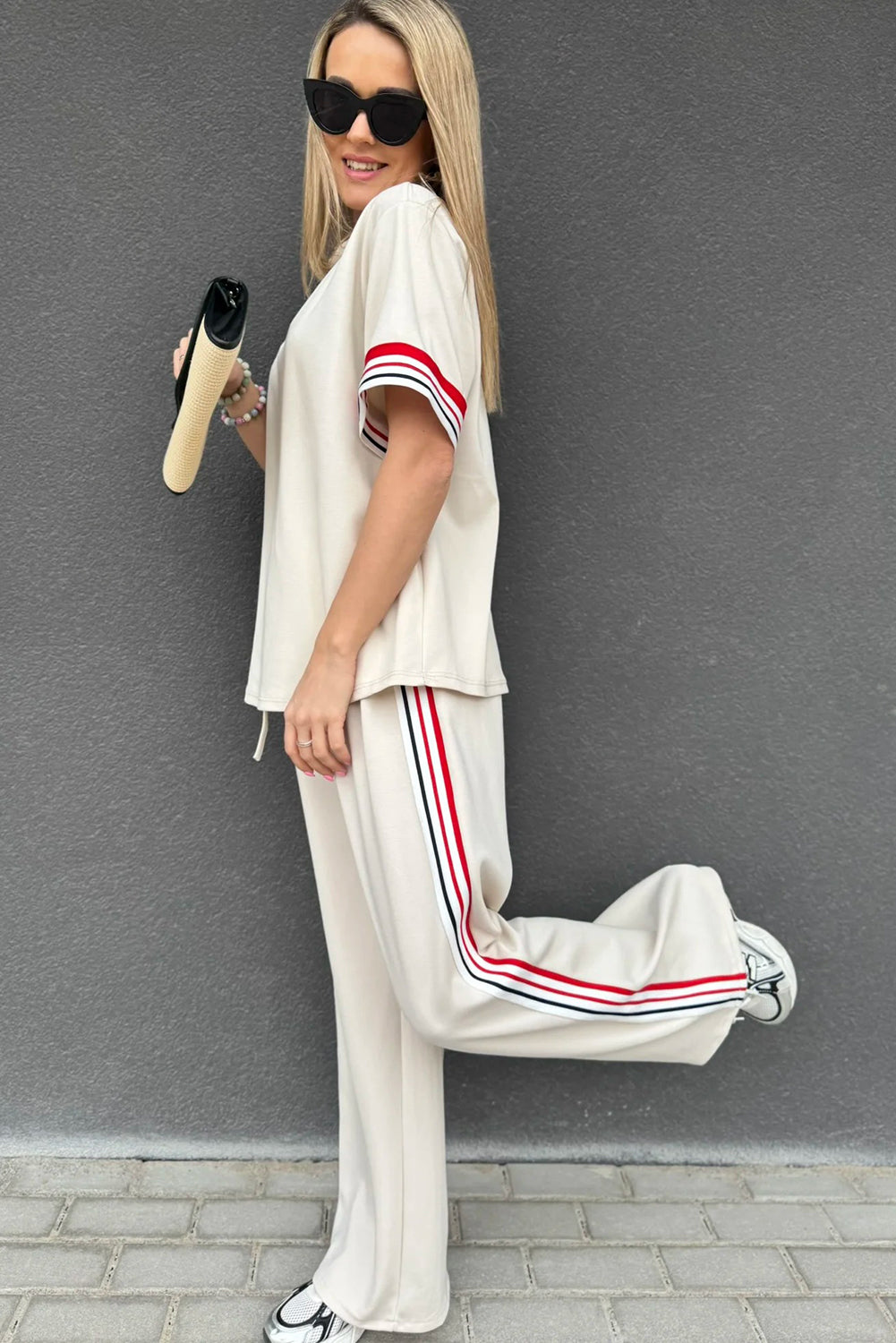 Striped Trim Crewneck T Shirt Loose Straight Pants Set
