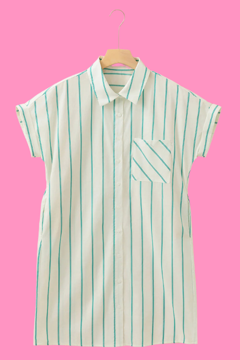 Mint Green Striped Pocket Short Sleeve Mini Dress