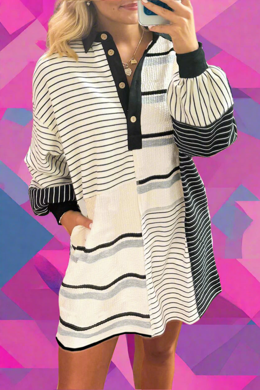 Black Stripe Colorblock Long Sleeve Collar Half Buttons Mini Dress