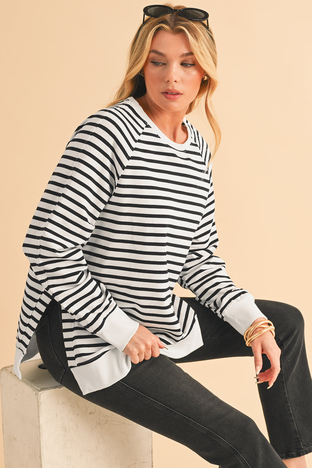 Black Stripe Loose Split Sweatshirt