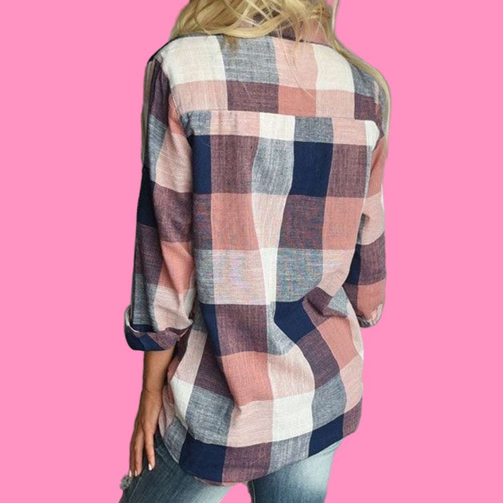 Color Long Sleeve Button Loose Plaid Shirt