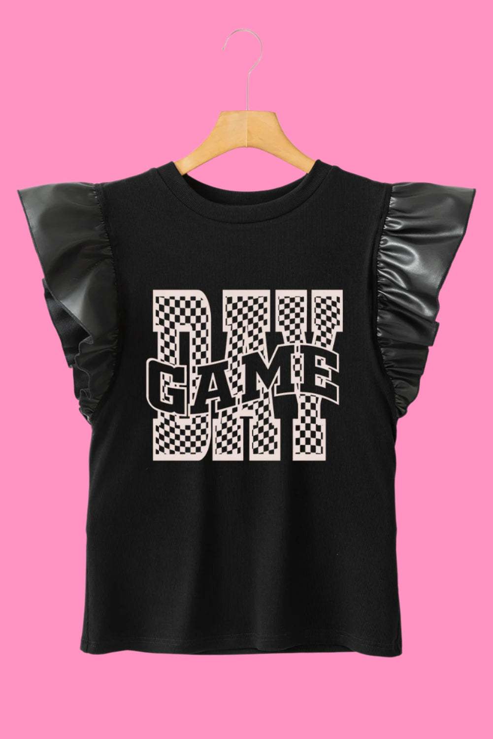 Black GAME DAY Checkered Letter Ruffle Sleeve Top