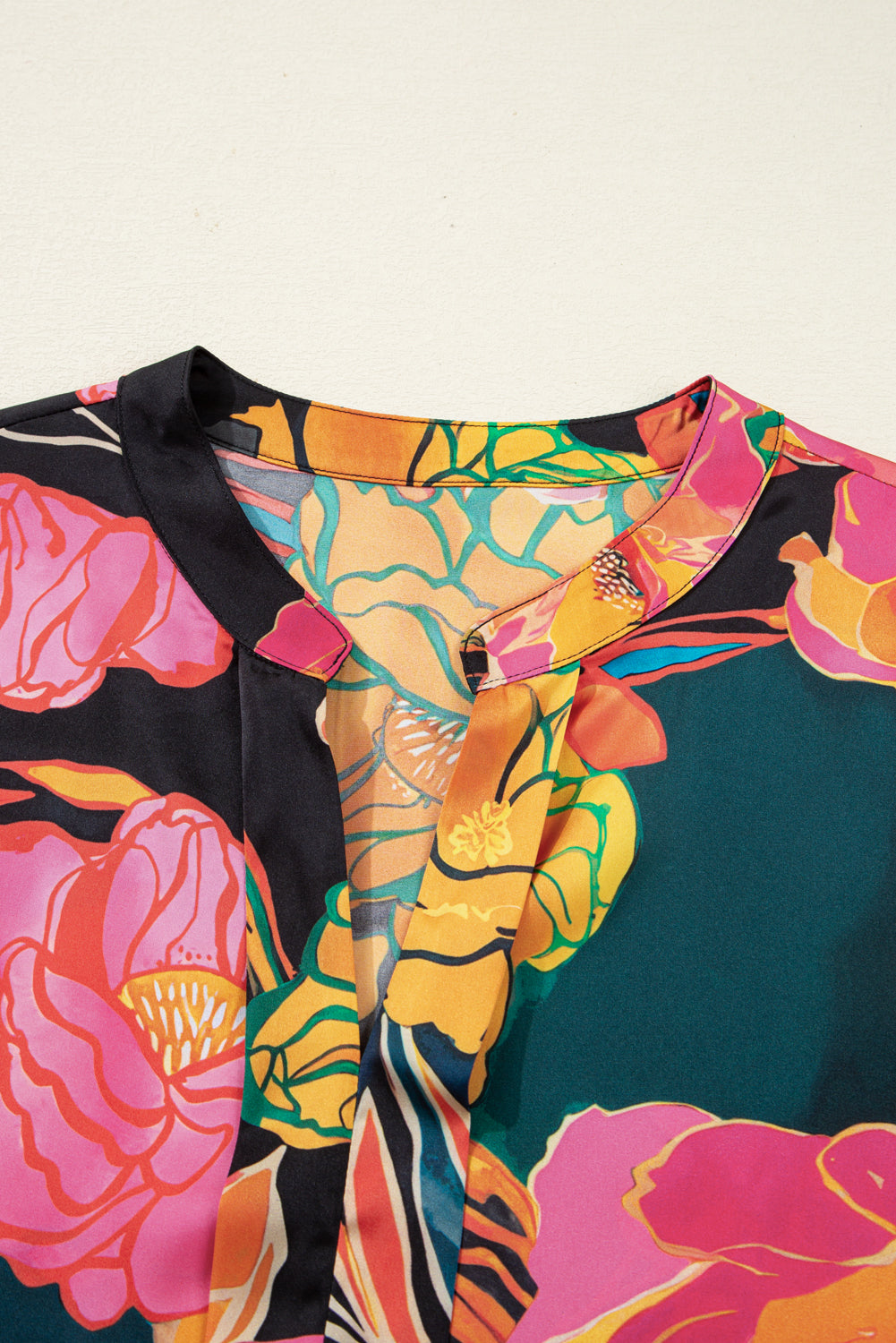 Black Floral Puff Sleeve V Neck Blouse