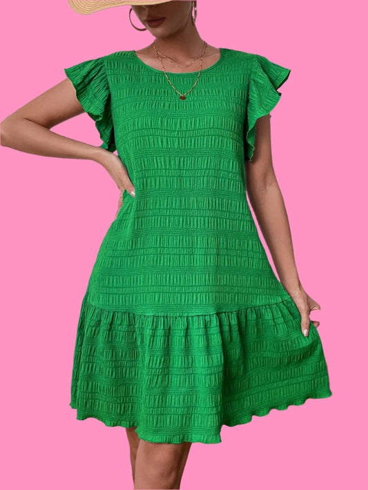 Textured Round Neck Ruffle Dress