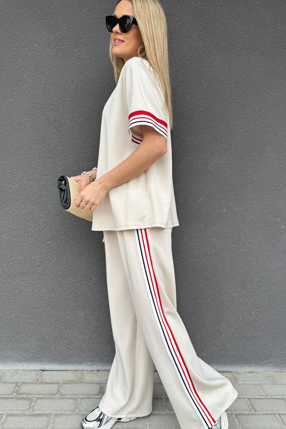 Striped Trim Crewneck T Shirt Loose Straight Pants Set