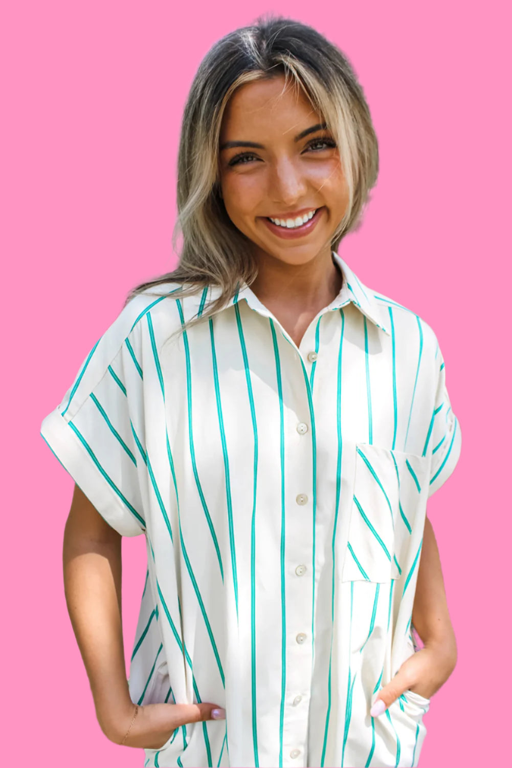 Mint Green Striped Pocket Short Sleeve Mini Dress