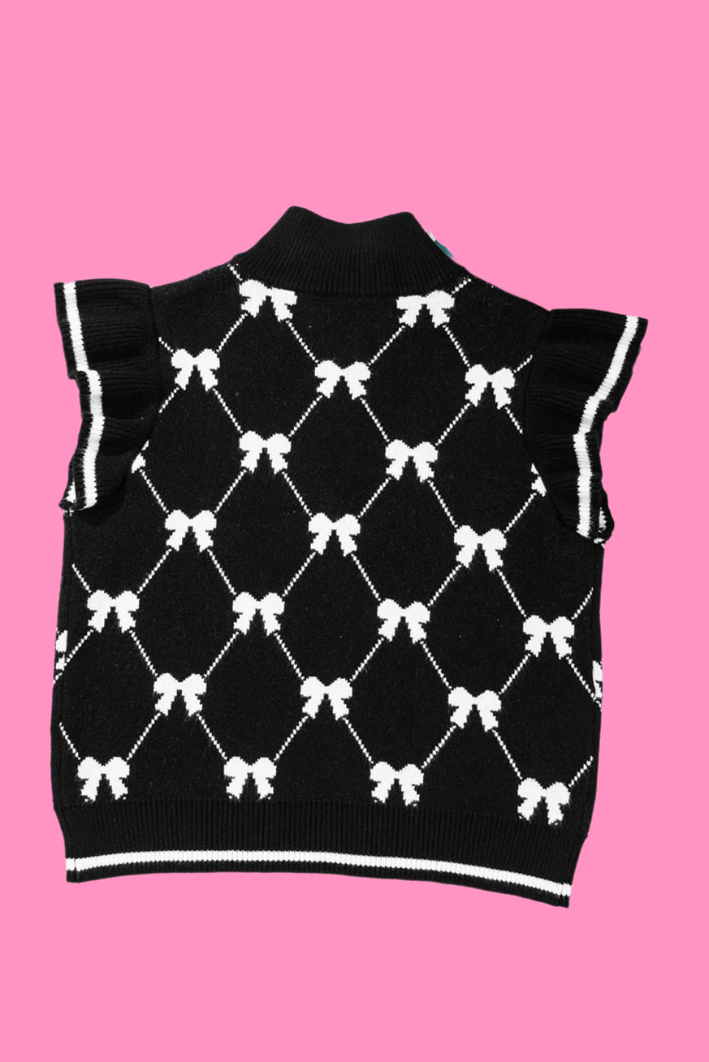 Black Preppy Bow Print Zipped Collar Knit Top