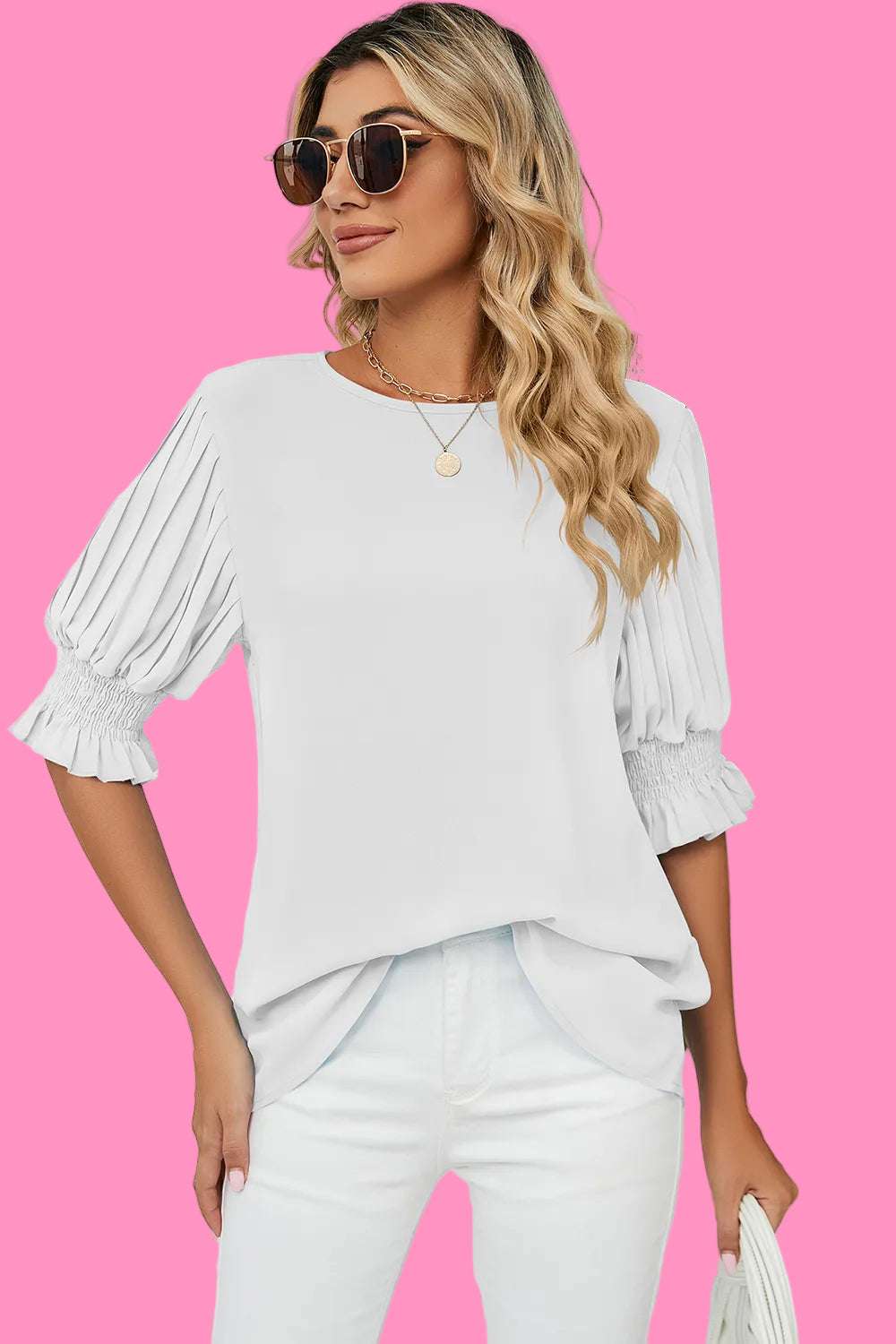 Solid color round neck ruffle princess sleeves loose chiffon top for women