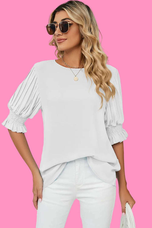 Solid color round neck ruffle princess sleeves loose chiffon top for women