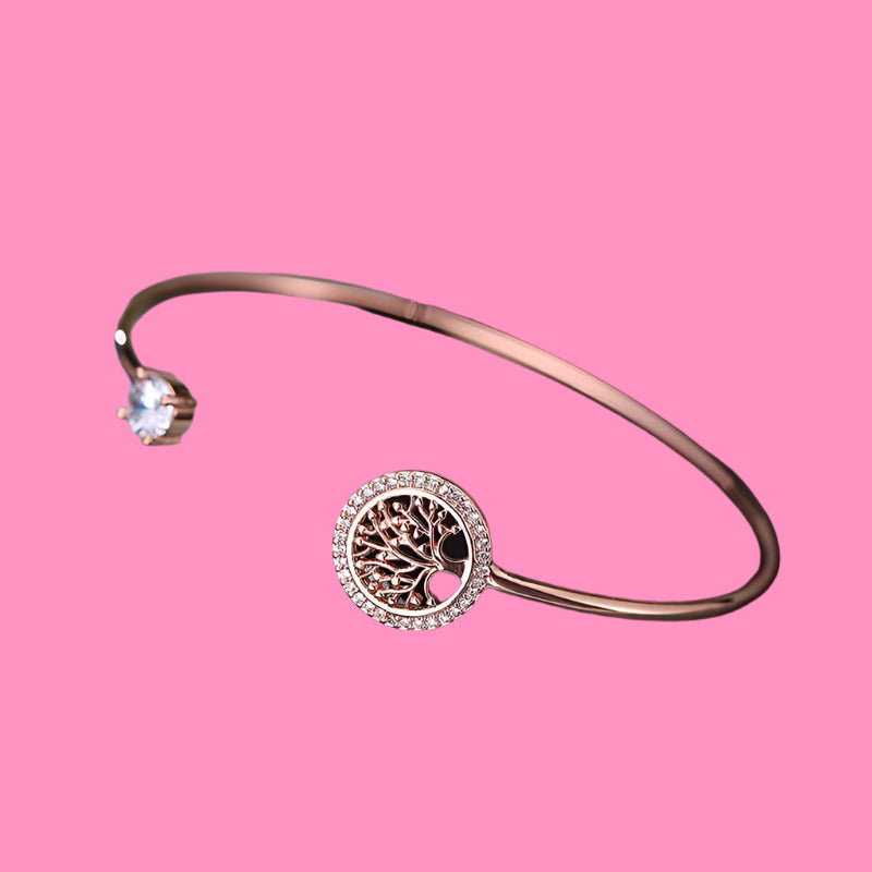 Adjustable Tree of Life Bracelet, Stainless Steel CZ  Bangle